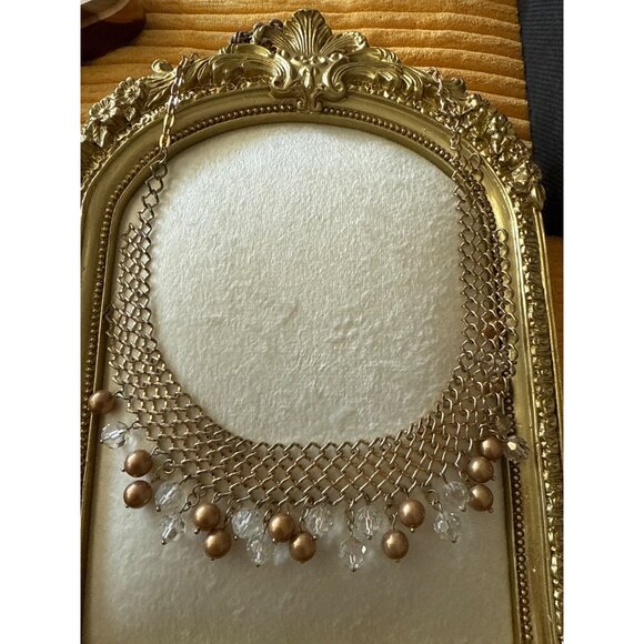 Vintage Gold-Tone Mesh Bib Necklace With Clear Crystal & Bronze Beads - Picture 3 of 8